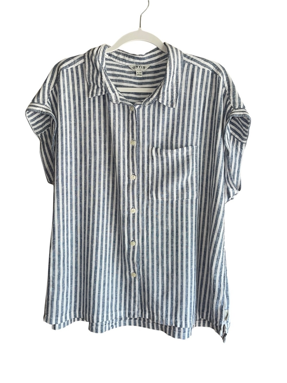 Orvis Blue White Striped Linen Blend Button From Short Sleeve Top Blouse size XL